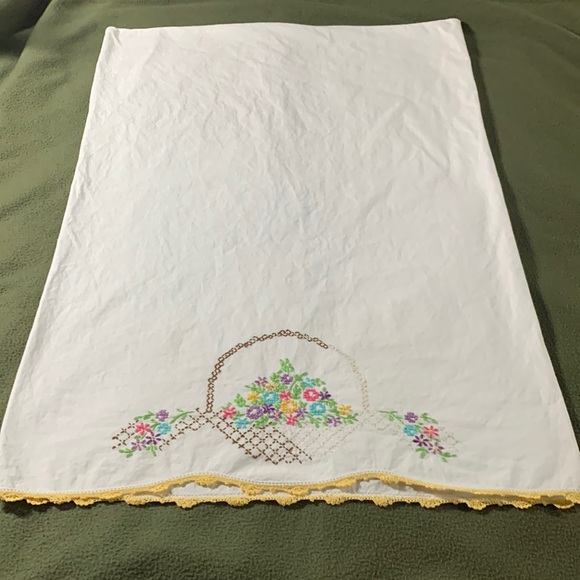 Other - Vintage, embroidered pillowcase.  Beautiful flowers in basket.  Standard size.